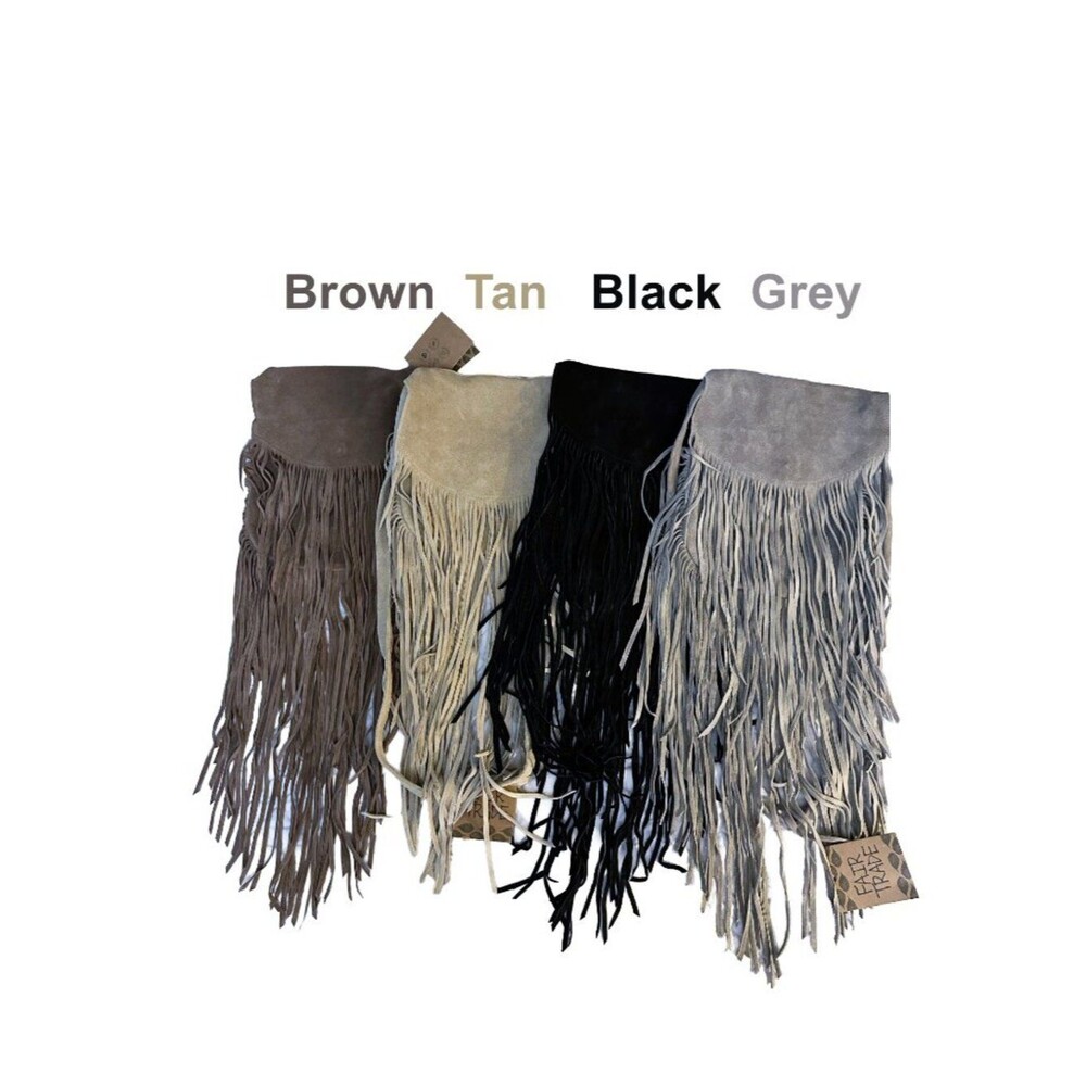 NWT Elegant Black Suede Leather Fringe Purse Bag Bohemian Boho Fair Trade India - Picture 10 of 13